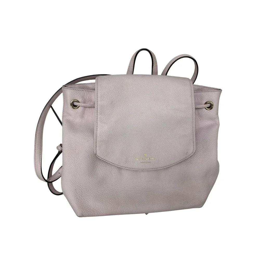 Kate Spade New York Pebbled Leather Drawstring Backpack Lavender Pink Gold Tone